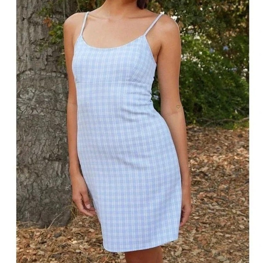 Brandy Melville Colleen Mini Dress Womens OS Blue White Plaid Tie Back Soft Girl